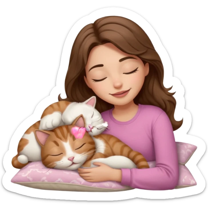 girl with wavy long brown hair, brown eyes, light to medium complexion, long lashes, light pink lipstick, smiling, wearing light pink shirt, sleeping on a cozy pillow, with brown tabby cat, sleeping sticker