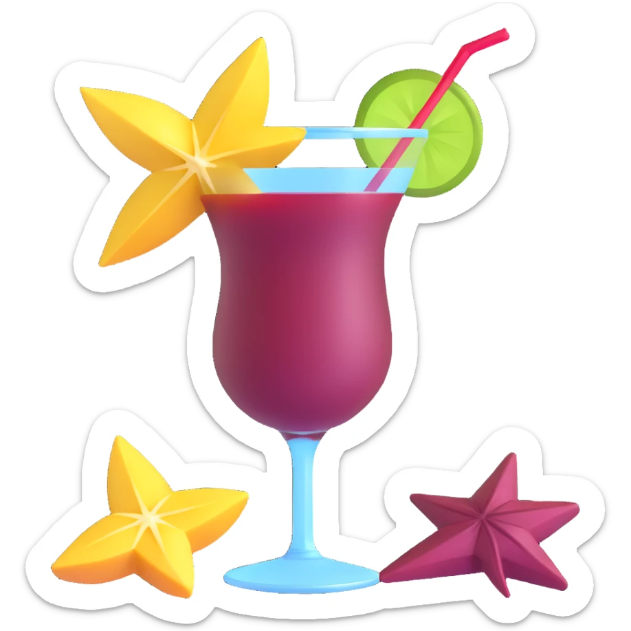 3D emoji style cocktail glass with burgundy drink and a starfruit slice sticker