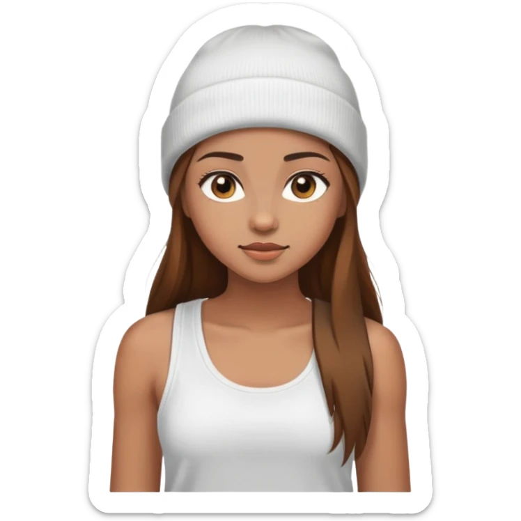 Girl with light brown skin hazel eyes long brown hair wearing a white tank top and beanie sticker