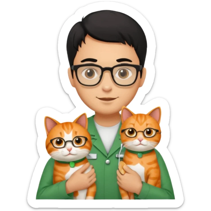 Veterinario hombre trigueño con lentes, con cabello negro, y con uniforme veterinario color verde cargando un gato naranja sticker