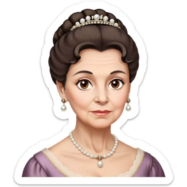 middle-old age lady with dark brown hair, styled in an elegant Regency-era updo, Soft brown eyes, kind but firm gaze, Wears delicate pearl earrings, sticker