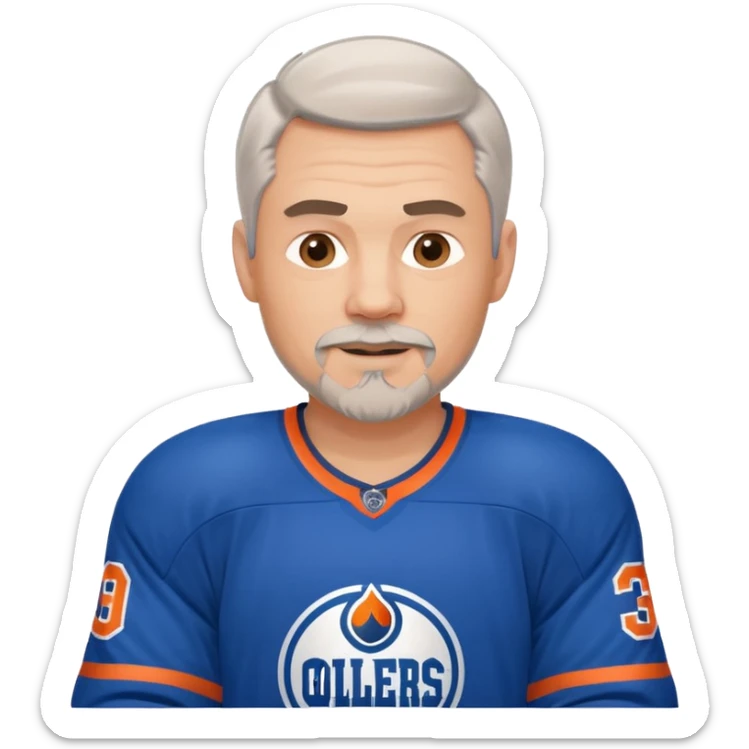 Handsome, muscular white man with gray hair and goatee, playing hockey and wearing an Oilers jersey sticker