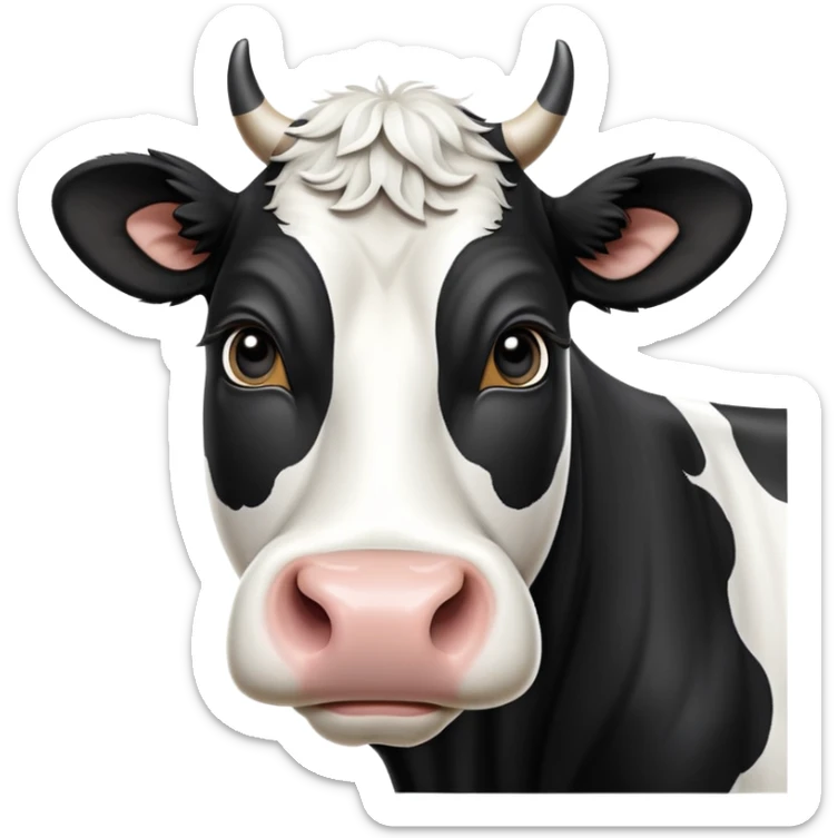 cinematic-noble-black-and-white-cow-portrait-emoji,-poised-and-regal,-with-a-large,-sturdy-build-and-a-beautifully-patterned-hide-of-rich-black-accented-by-crisp-white-patches,-deep-set-soulful-brown-eyes,-simplified-yet-sharp-and-sophisticated sticker