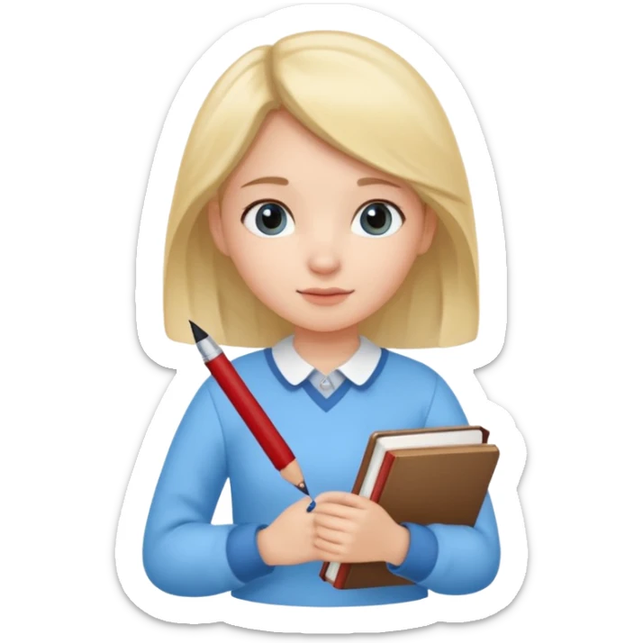 cute girl, glass, smart, Sky-blue colored clothing,
holding a book in one arm and a pen in the other hand.Holding a pen in the right hand as if teaching. sticker
