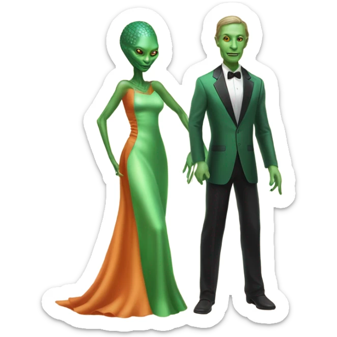 alien reptilian green skin woman, long slim pastel orange formal party satin dress with gradient shiny sparkling dark red, and caucasian man in black dres on his knees asks her to marry her sticker