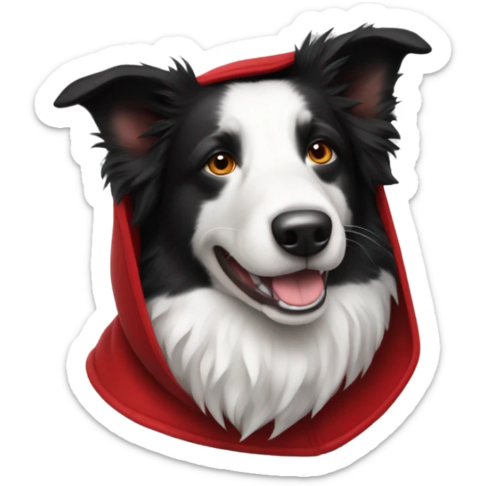 Black and white Border Collie wearing a red velvet hood with white fur trim. sticker