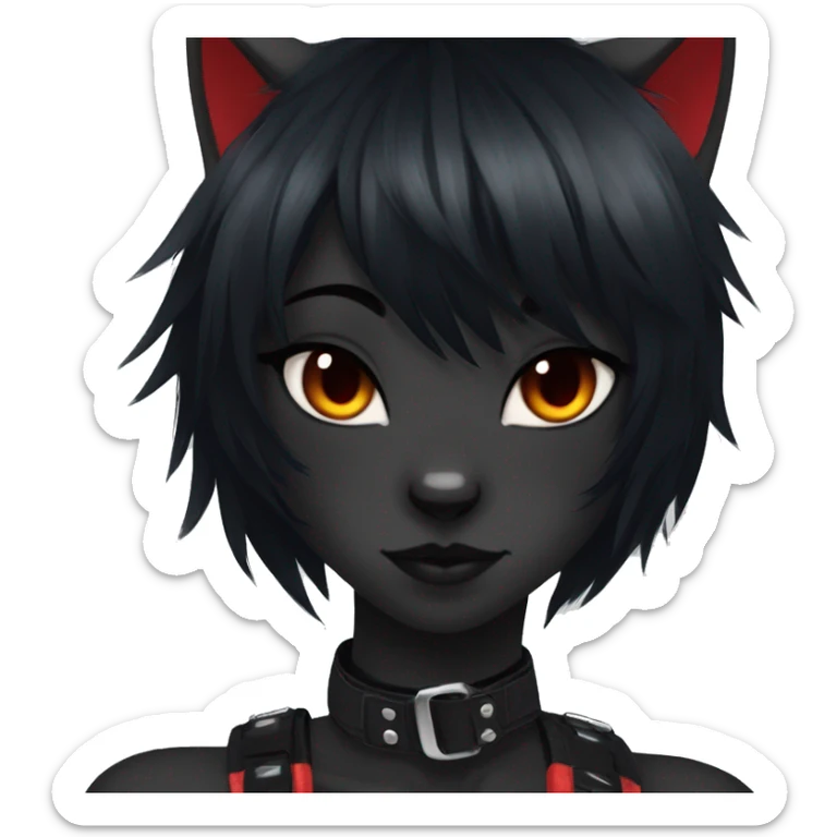 Anthro Edgy Cool Beautiful Black Cat-Fursona with Emo Hair-bangs with Red Streaks Chest Harness sticker