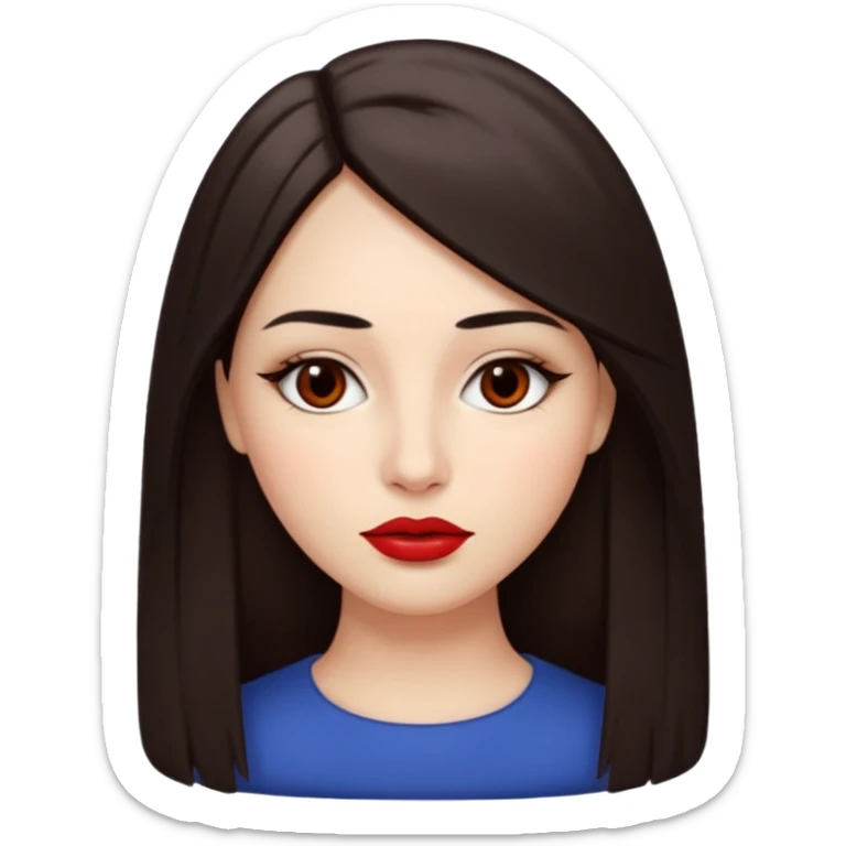 A woman emoji with fair skin, long straight dark brown hair parted in the middle, an oval-shaped face, arched dark eyebrows, almond-shaped brown eyes, a small nose, and full lips colored with red lipstick. sticker