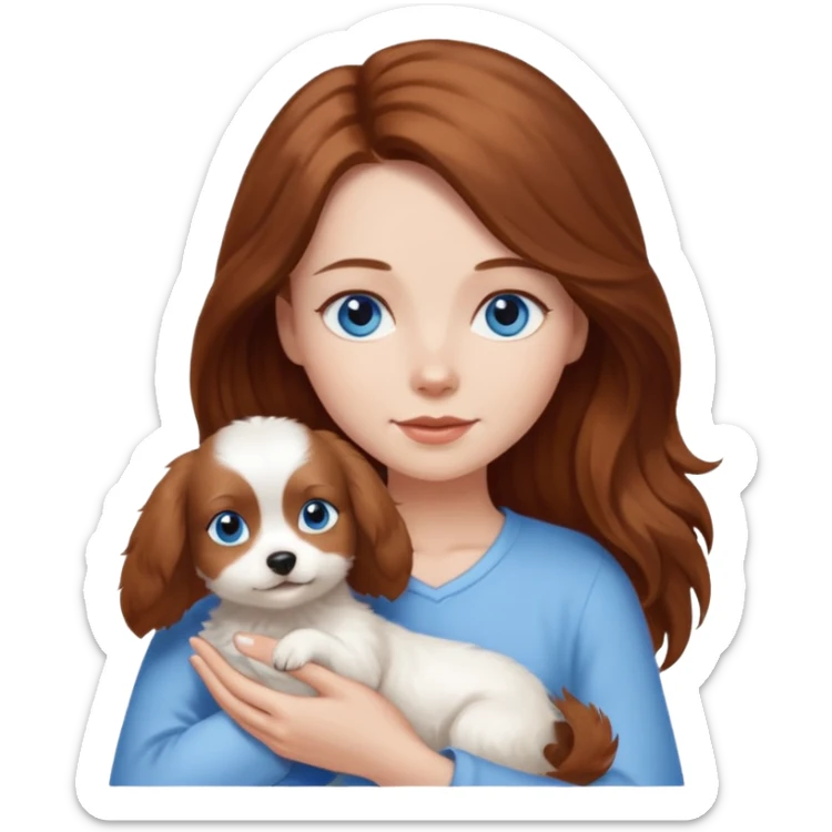 long hair chestnut color blue eyes woman holding small just white dog sticker