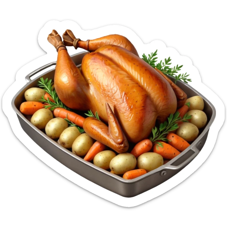 roasted turkey in a baking tray, golden brown crispy skin, whole turkey surrounded by vegetables, oven-baked meal presentation, juicy texture, warm food lighting, 3D cartoon style, mobile game icon style, centered composition, clean background, no text, no watermark
 sticker