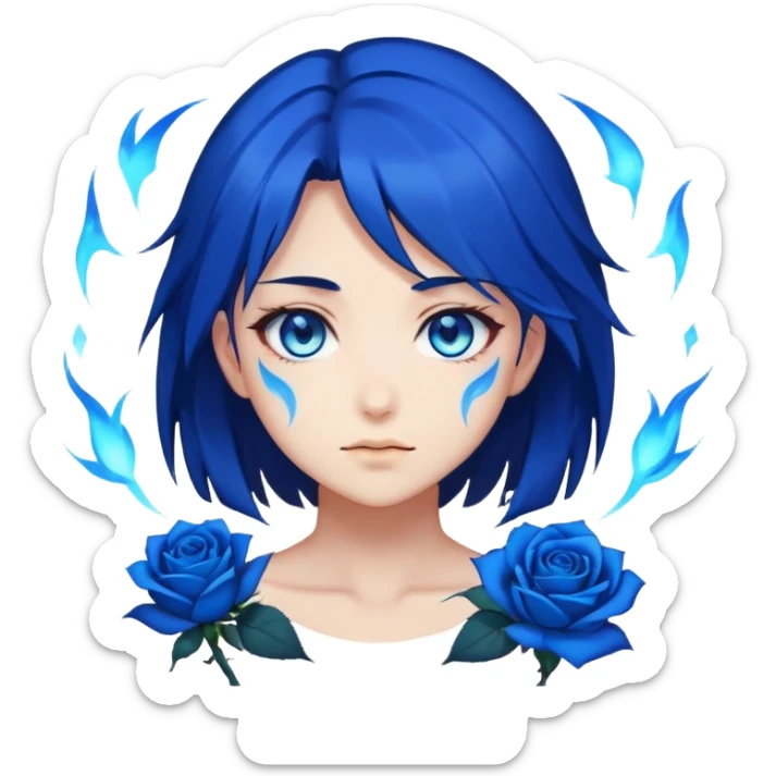 anime girl emoji with dark blue hair, blue rose, intense blue glowing eyes, Solo Leveling style, blue magical aura, high contrast, 2D sticker
