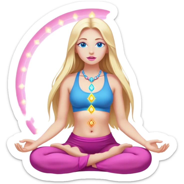 Cinematic realistic blonde with long hair, blue eyes and pink lips meditates, her chakras glow sticker