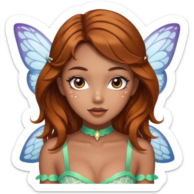 Pretty girl with caramel skin brown hair brown eyes and freckles. Wearing sexy makeup. Wearing a fairy costume with white fishnet tights and heels sticker