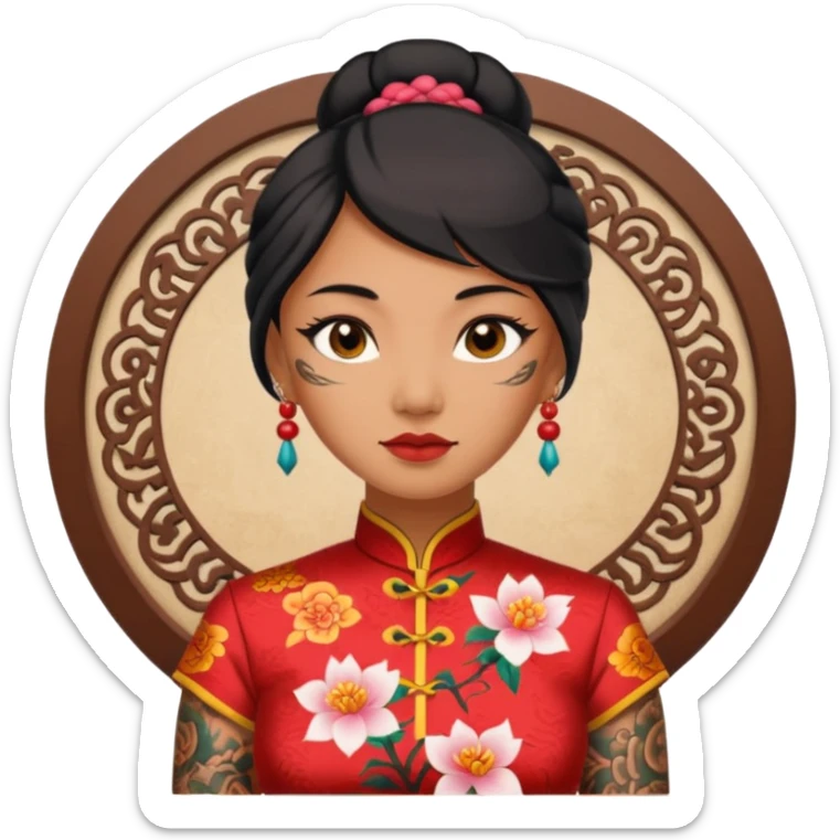 ancient woman with tatooed and cheongsam, NO pierce sticker