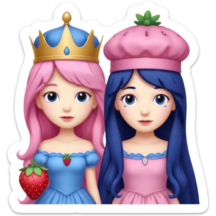 pale blueberry prince with long black hair blueberry hat and clothes next to pale strawberry princess with strawberry hat eyelashes long pink hair and strawberry dress sticker