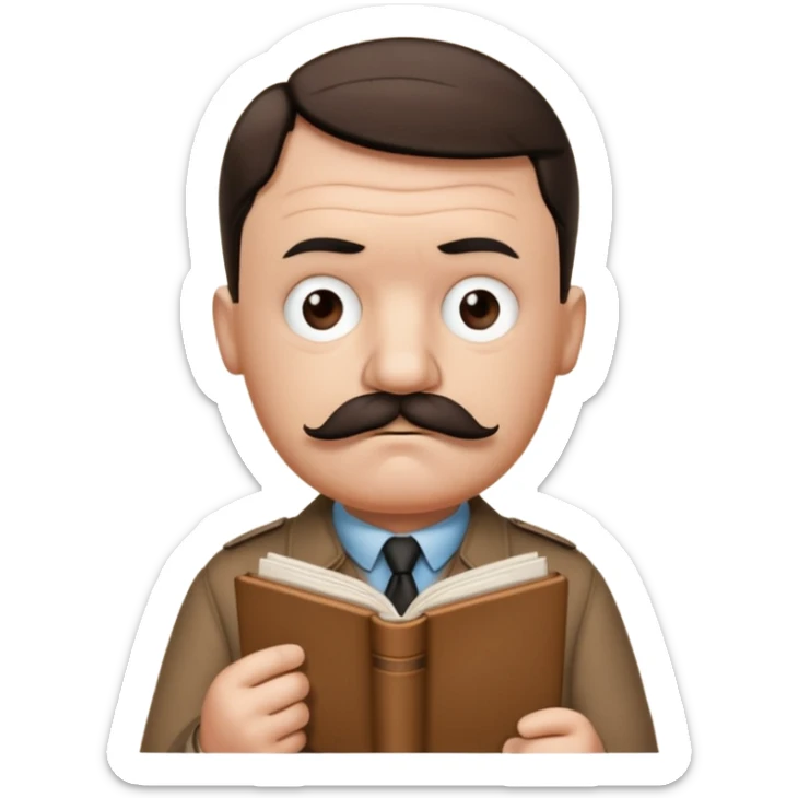 Adolf Hitler as a Mr. Men character, funny and cartoonish, with a small mustache and a grumpy expression, wearing a brown shirt and holding a tiny book sticker
