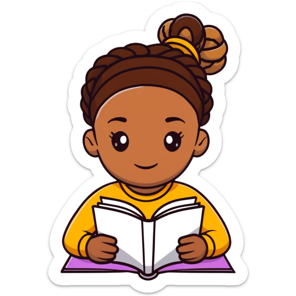 African girl student with brown skin and braided hair writing with book and pen sticker