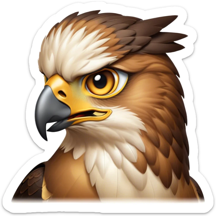 Cinematic Noble Hawk Portrait Emoji, Poised and regal, with a sturdy, agile build, a sharp, hooked beak, and intense, focused eyes that exude predatory precision, Simplified yet sharp and sophisticated features, highly detailed, glowing with a soft, golden glow, high shine, intelligent and vigilant, stylized with an air of aerial mastery, focused and determined, soft glowing outline, capturing the essence of a watchful and confident hawk that appears ready to soar out of the screen with effortless authority! sticker