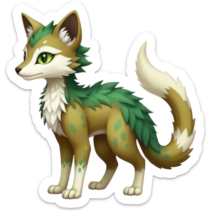 Kawaii dark cute brown beige white fantasy ethereal feline-vernid-sergal-fursona animal creature with a tufted tail full body with intricate markings, hazel-gold-green eyes sticker