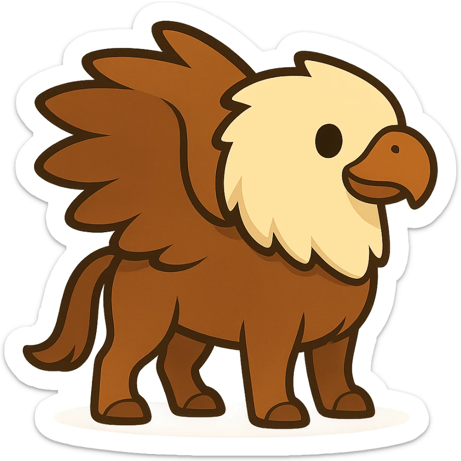 Illustration of a cute, cartoon, simplified hippogriff in the same style as the reference image. The hippogriff has the body of a horse and the head and wings of an eagle, with bold black lines and soft colors. sticker