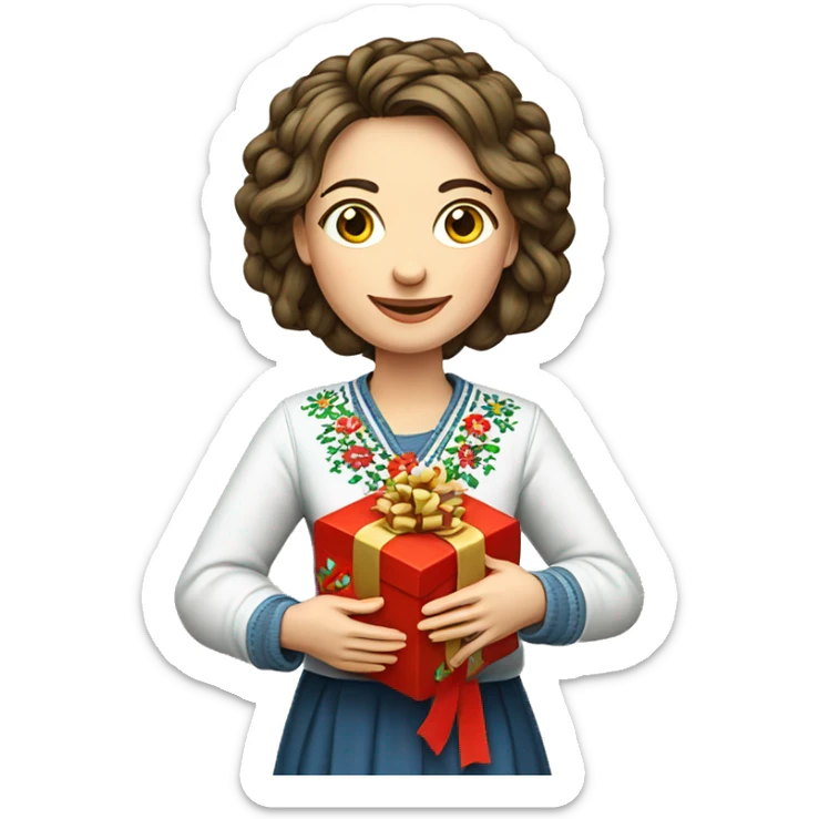 A female teacher in Ukrainian embroidery holds a gift in her hand sticker