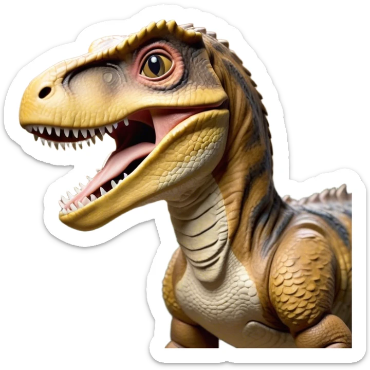 Cinematic Realistic Cute Yawning velociraptor/T-rex Portrait Emoji, Head tilted slightly with a dramatic, wide-open yawn, showcasing a massive, rugged scaled hide with subtly drooping features and half-closed, drowsy eyes rendered in authentic prehistoric detail, high shine, relaxed yet expressive, styled with a dash of ancient charm, soft glowing outline, capturing the essence of a sleepy yet affectionate velociraptor/T-rex that appears ready to stretch out and settle into a timeless nap! sticker