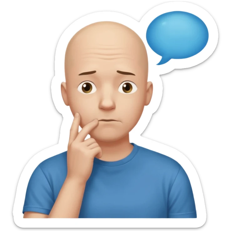 bald man with t-shirt, doubting face, hand on chin looking up, thought bubble sticker
