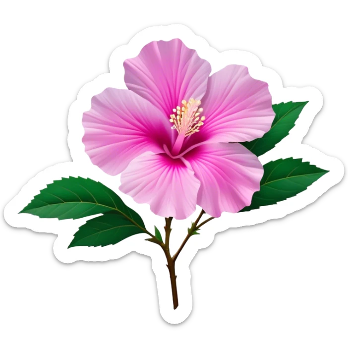 Cinematic Realistic image of a Mugunghwa flower (Rose of Sharon), rendered with delicate petal textures and vibrant pink hues, set against a minimalist background with gentle, diffused lighting that highlights its national significance sticker