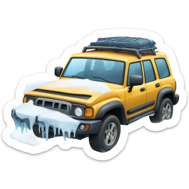 An adventurous car in an icy tundra setting, with snow and ice all around, highlighting the ability to conquer extreme and inhospitable terrains. sticker