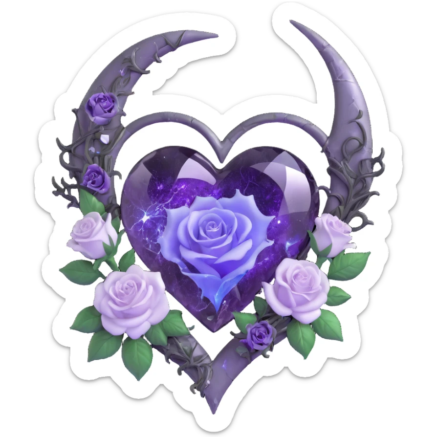 gothic heart made of smoky gray glass, silver crescent moon, white roses, holographic stardust, neon purple lightning, wet and cracked glass sticker