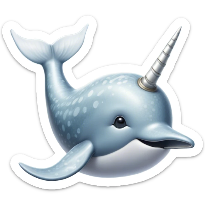 Cinematic Noble Narwhal Portrait Emoji, Poised and majestic, with a robust, streamlined body draped in mottled, silvery-gray skin, featuring a long, spiraled, ivory tusk and deep, thoughtful eyes that exude ancient oceanic wisdom, Simplified yet sharp and sophisticated features, highly detailed, glowing with a soft, ethereal arctic glow, high shine, intelligent and enigmatic, stylized with an air of mythical marine grandeur, focused and graceful, soft glowing outline, capturing the essence of a watchful and confident sea unicorn that appears ready to glide out of the screen with timeless authority! sticker
