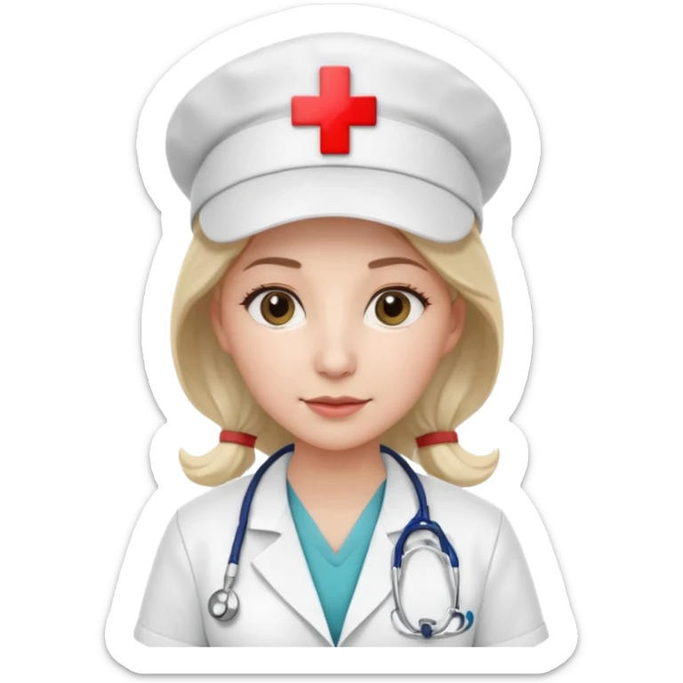 female doctor with white uniform and white hat with hospital logo on hat sticker