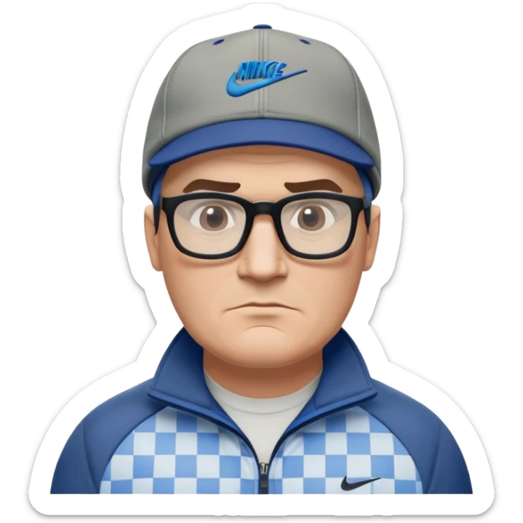 50-year-old heavyset man with very wide face and prominent square jawline. Short straight hair combed to the side, not balding, wearing a black Nike cap. Large dark square glasses. Serious-relaxed expression. Light gray jacket that fits his larger frame, white shirt with blue checkered pattern. sticker