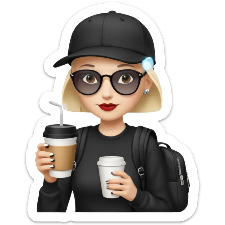 ["A happy woman with light skin, bald, wearing a baseball cap and sunglasses, dressed in goth fashion, is drinking coffee while holding a backpack."] sticker