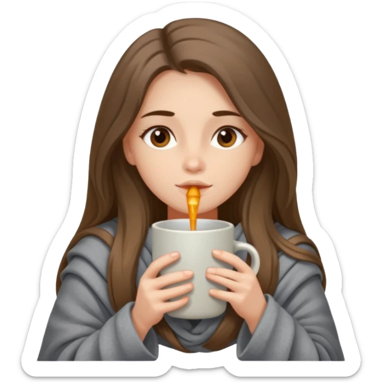 Brown-eyed, fair-skinned girl with long hair down to her shoulders, wrapped in a gray blanket, drinking from a New Year's mug sticker
