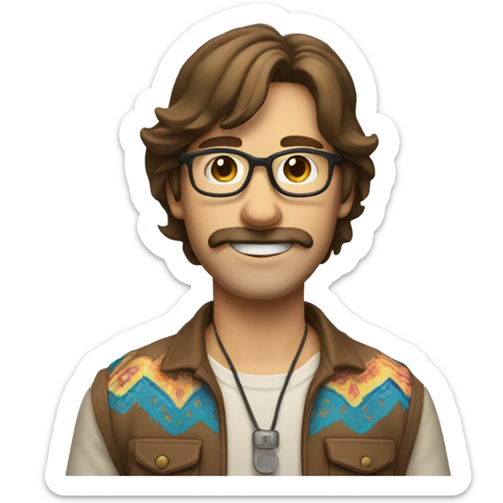 thin guy with shoulder length brown hair and mustache and smile and glasses wearing hippie clothes sticker