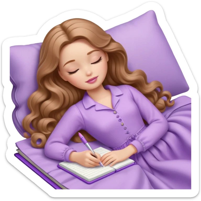 White Barbie girl Chestnut long wavy hair sleeping with In lavender clothes, he writes in a notebook sticker