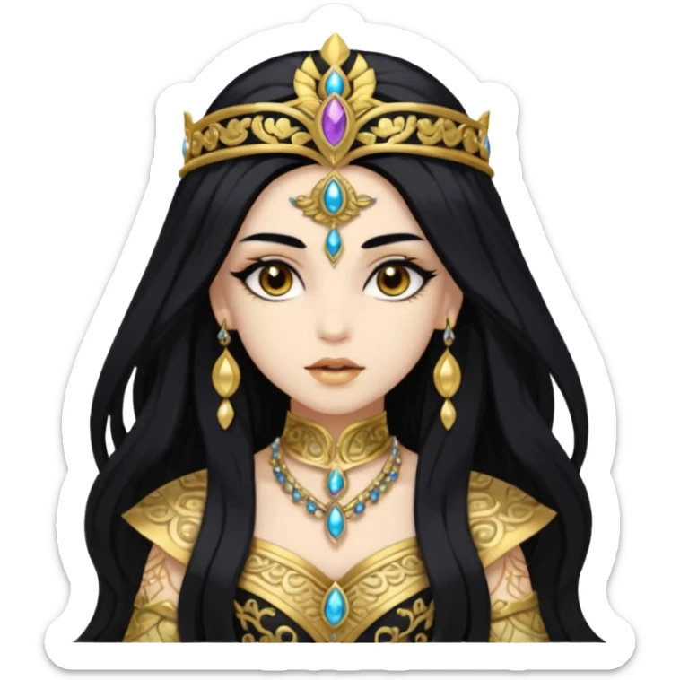 Akasha with white skin, brown eyes, black long hair, gold outfit sticker