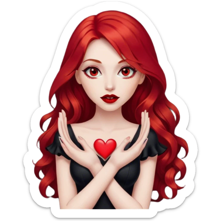 a pretty woman with long red hair and red eyes. The woman wear a black little cutted dress. She have red lipstick and she have a seductive look. She do a heart sign with hand sticker