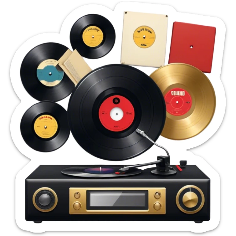 Icon for Vinyl Record Collecting: large black, golden and red vinyl records in decorative packaging featuring artist images, neatly arranged on a wall or shelf, modern vinyl record player. The icon should reflect the aesthetic and artistic aspect of collecting vinyl records. Transparent background. sticker