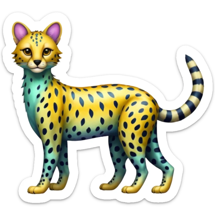 Colorful iridescent shiny Leopard-Cheetah-Serval-Civet-Trico-Sergal-Vernid-fusion-hybrid-animal-creature, dull body sticker