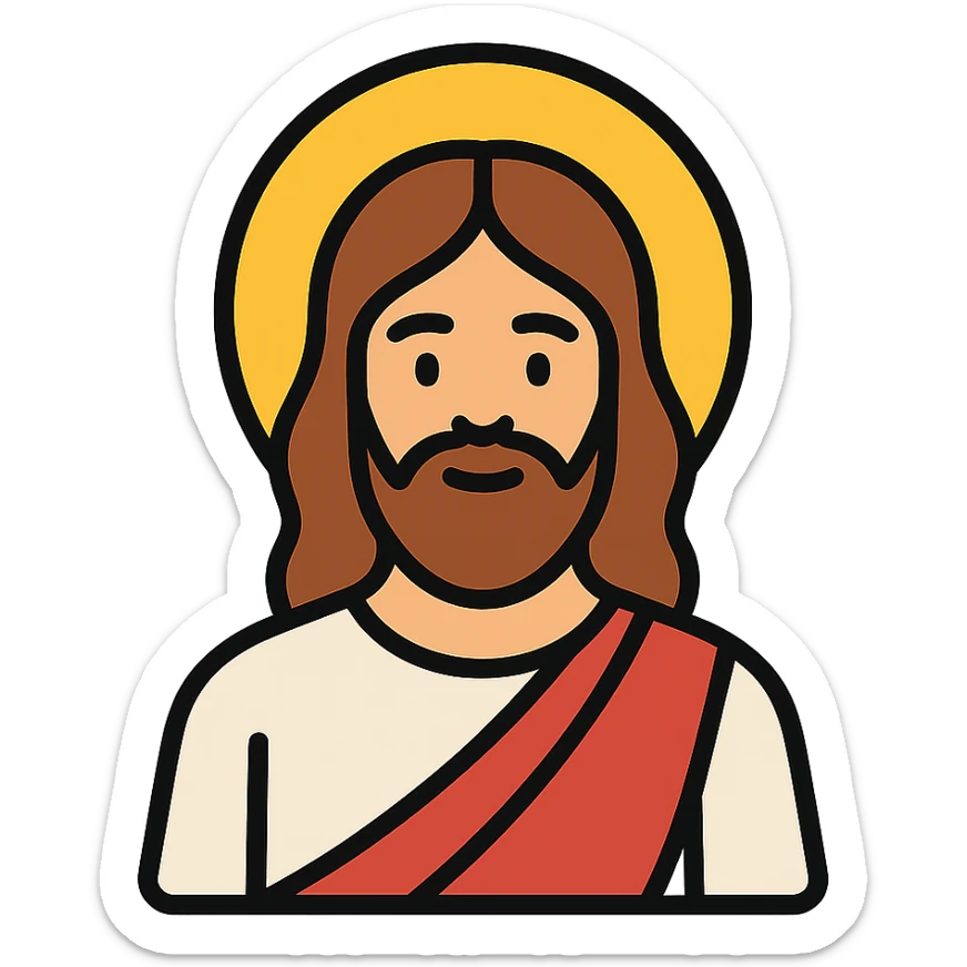 Jesus in a color icon style, gentle eyes, beard, long hair, and a radiant halo sticker
