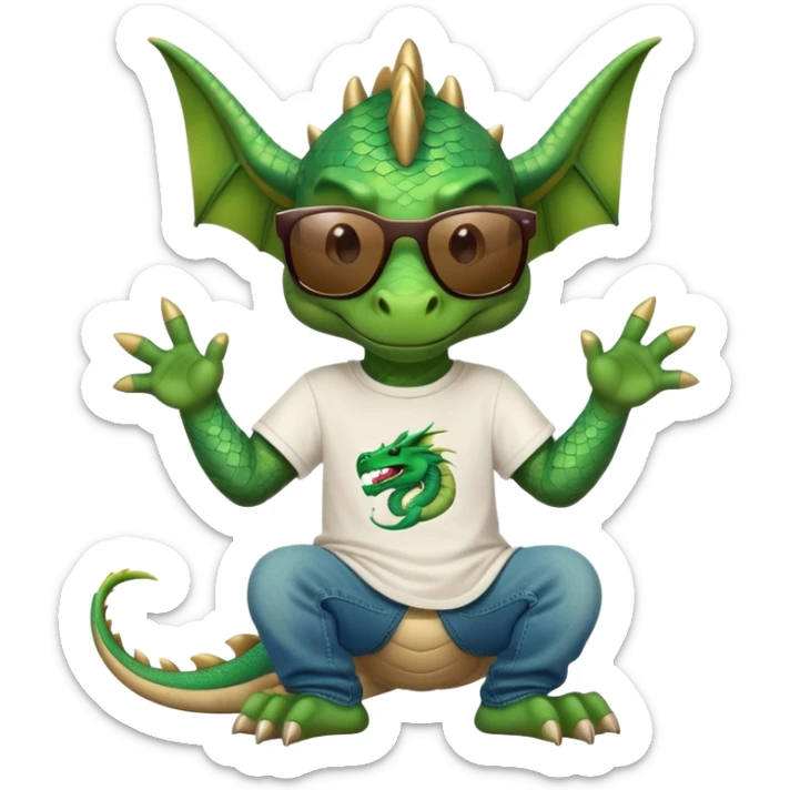 friendly anthropomorphised dragon in a hip-hop t-shirt and jeans with dark sunglasses, relaxed pose sticker