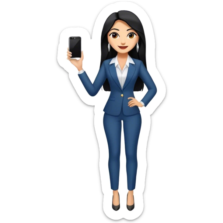 beautiful fit tall woman boss, with long straight black hair, with make up, black eye liner, smile, mexican, brown skin, wearing beautiful profesional outfit and white earings, full body sticker