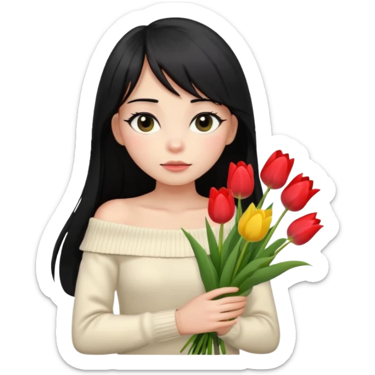 a girl with long black hair, thin bangs, black eyes, wearing a cream off-shoulder sweater, holding a bouquet of tulips, emoji style, looking shy sticker