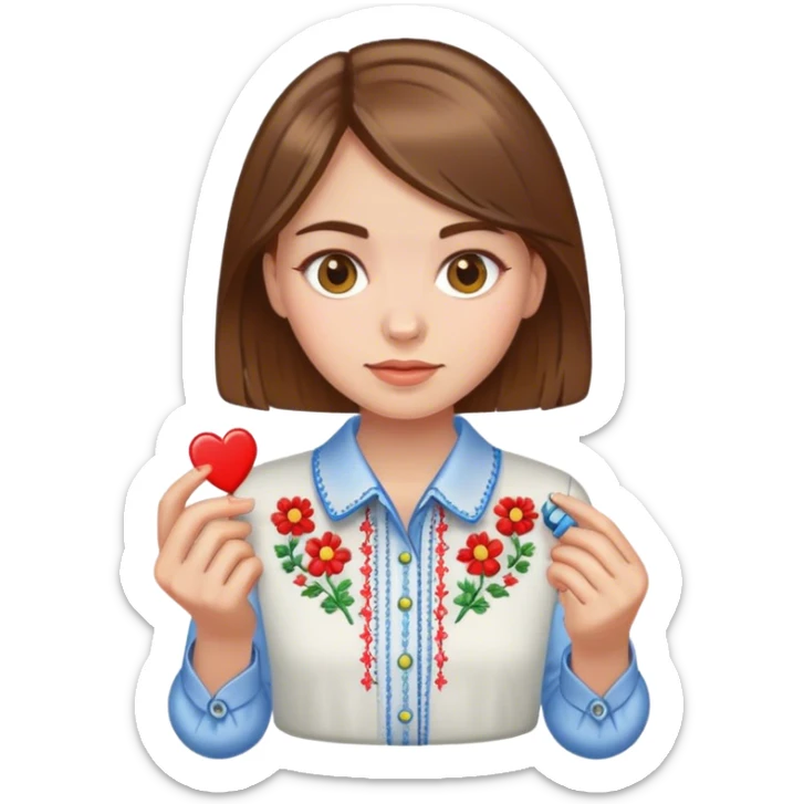 Ukrainian girl with brown hair in an embroidered shirt and a magnet sticker