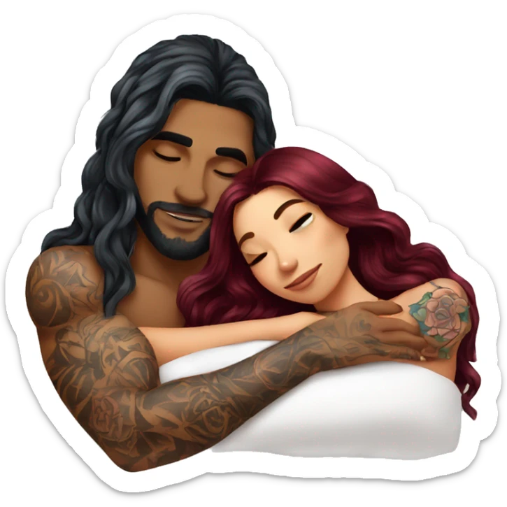 Beautiful tattooed burgundy long haired woman laying on the boyfriends chest sticker
