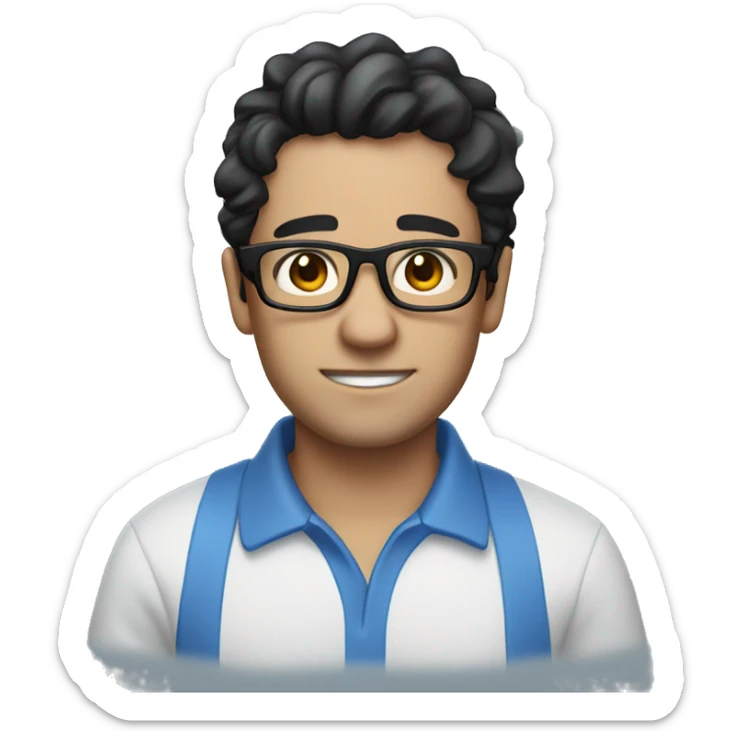 
Emoji of a man with glasses, with messy black hair and no beard, very white skin and a thick build, wearing a blue polo shirt sticker