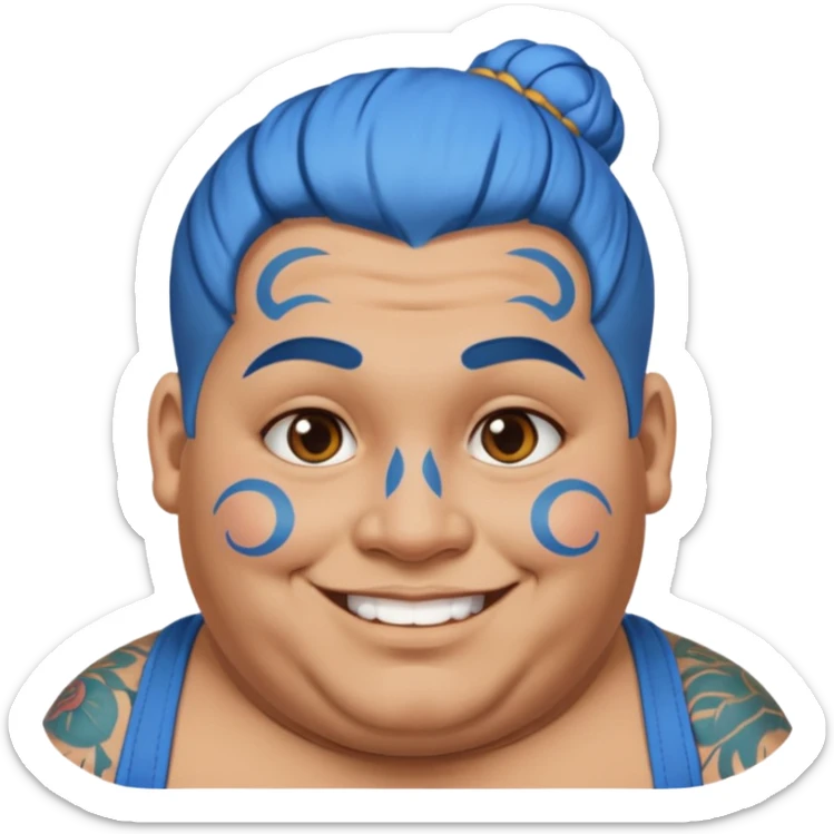  and blue hairobese man with lots of face tattoo and blue hair bun sticker