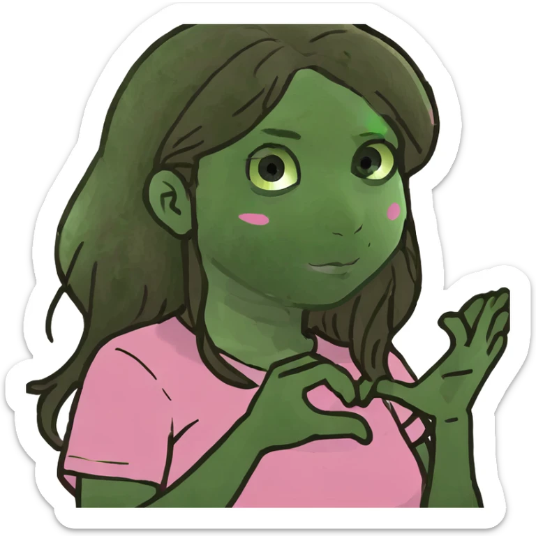 white girl with long brown hair wearing a pink shirt making a heart with her hands  sticker